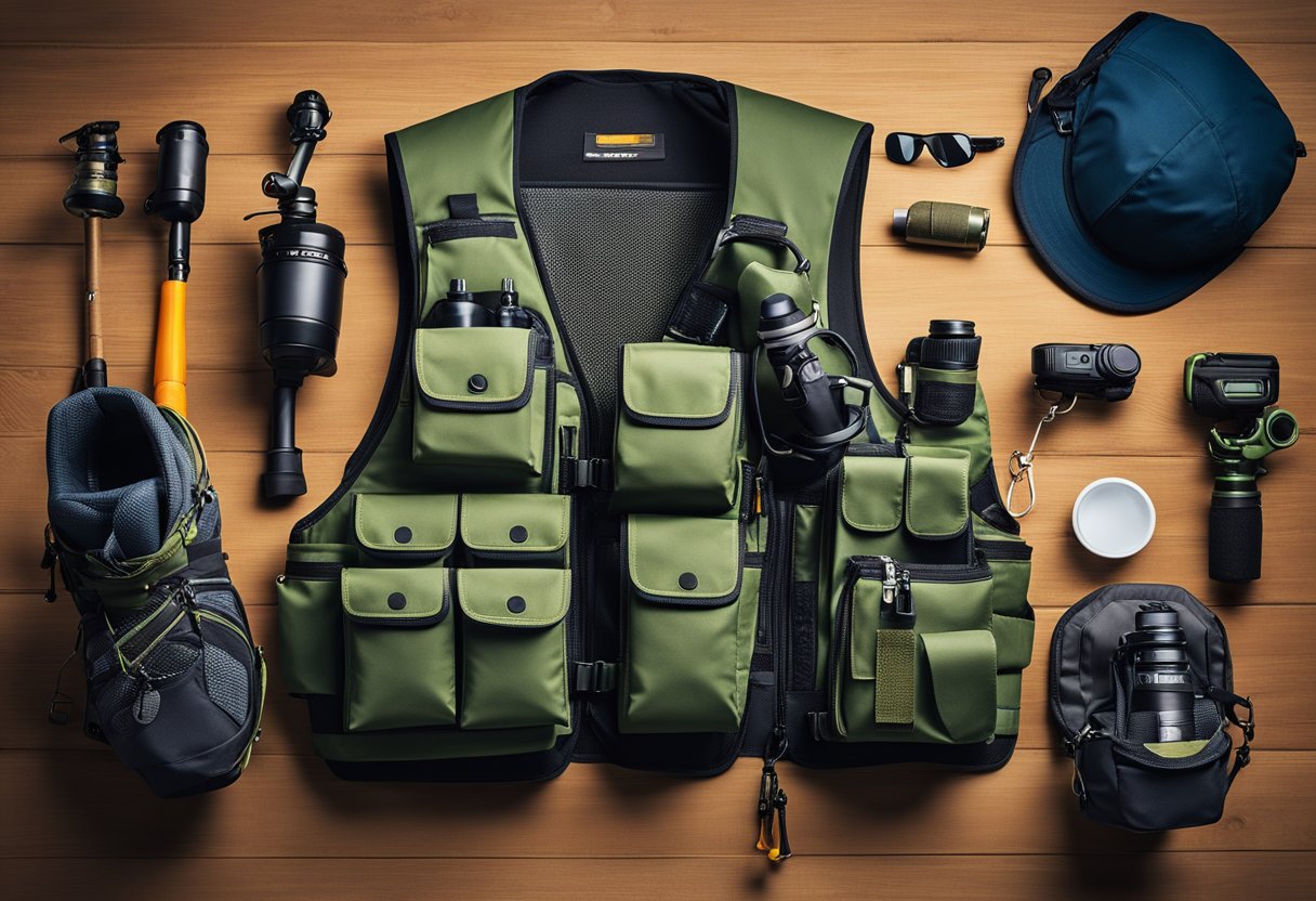 A fishing vest with multiple pockets and compartments, a built-in rod holder, and a hydration system, made of durable and lightweight material