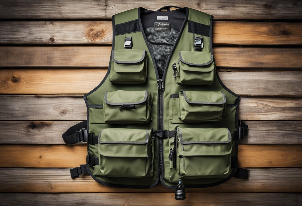 A fishing vest hangs on a wooden post, adorned with various pockets and compartments. It is lightweight and waterproof, perfect for a day out on the water