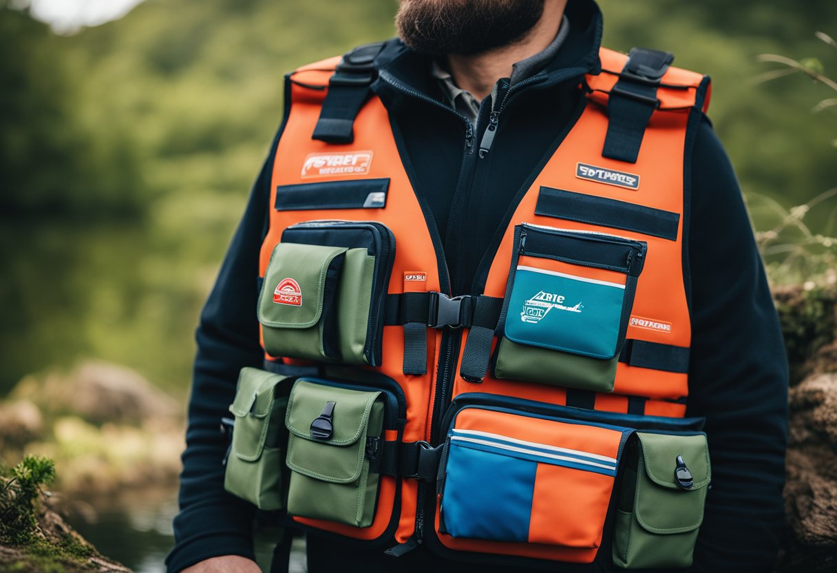 A colorful fishing vest with multiple pockets and compartments, featuring the logos of top fishing brands and models, is displayed against a natural backdrop