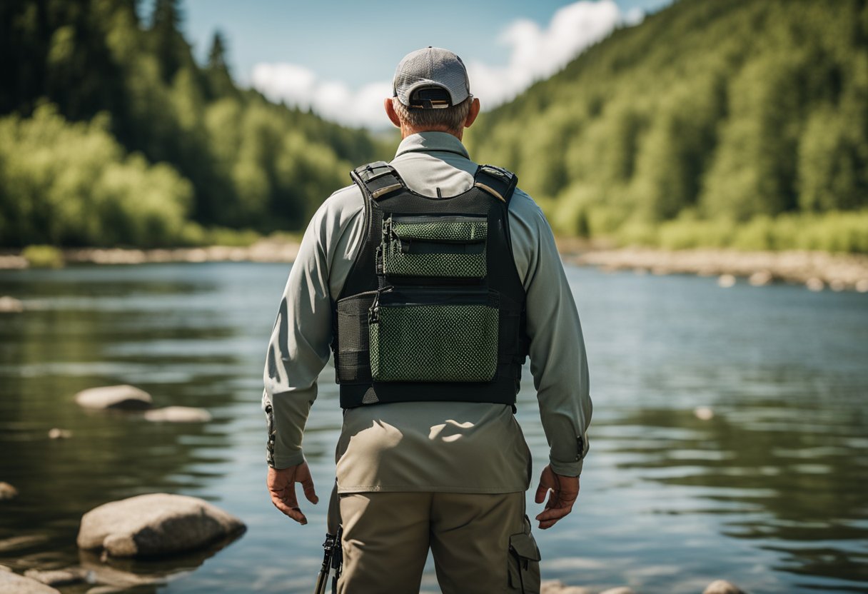 A fisherman wearing a mesh fishing vest with multiple pockets, standing by a river with a fly vest and neoprene fishing vest nearby