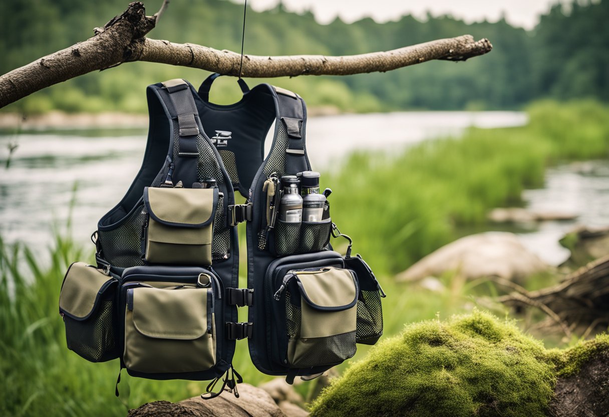 A fly fishing vest with numerous pockets, mesh panels, and neoprene material, hanging from a tree branch by a peaceful river