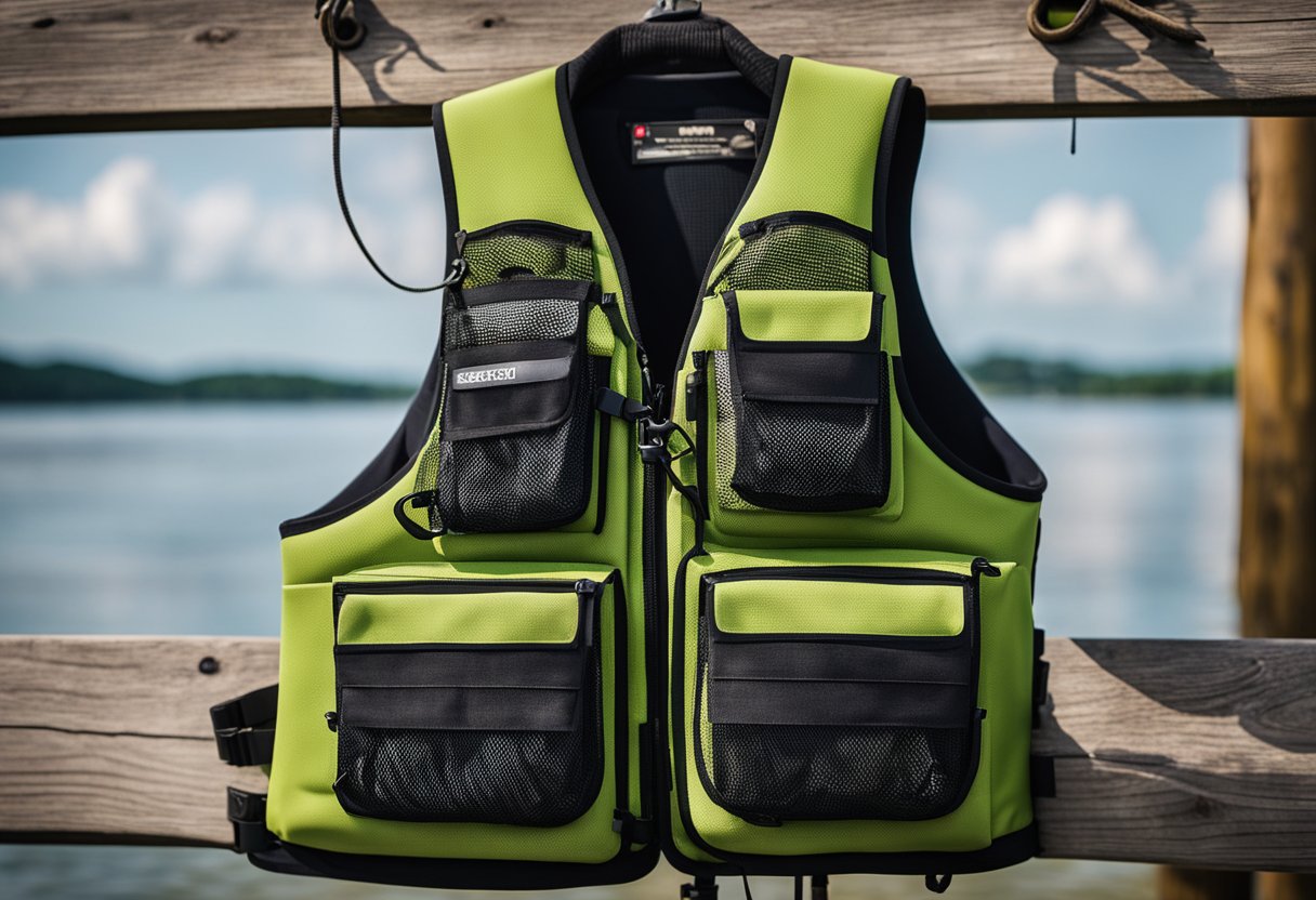 A fisherman's vest hangs on a wooden dock, adorned with multiple pockets and made of breathable mesh and neoprene materials