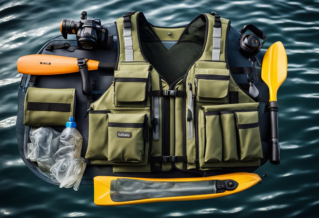 A fishing vest with multiple pockets and compartments, floating on the water next to a kayak