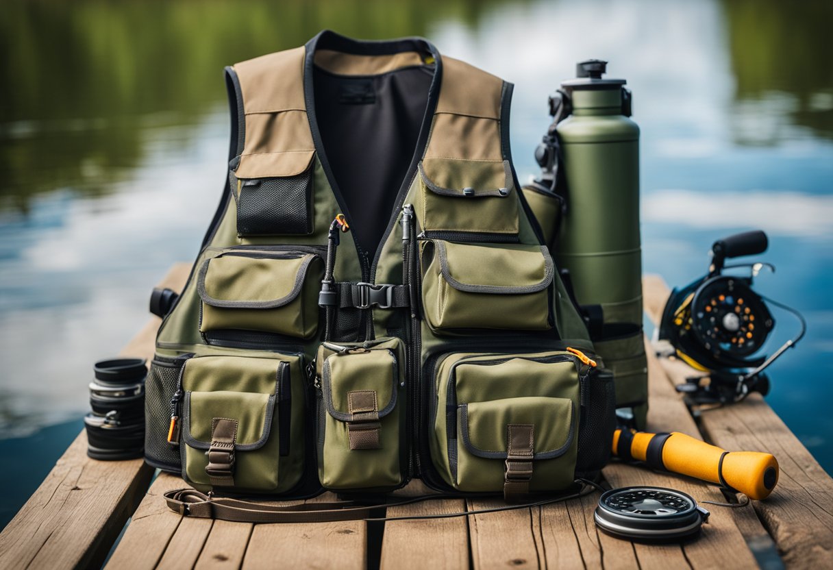 A fly fishing vest hangs on a wooden dock, surrounded by fishing gear and a calm, reflective lake