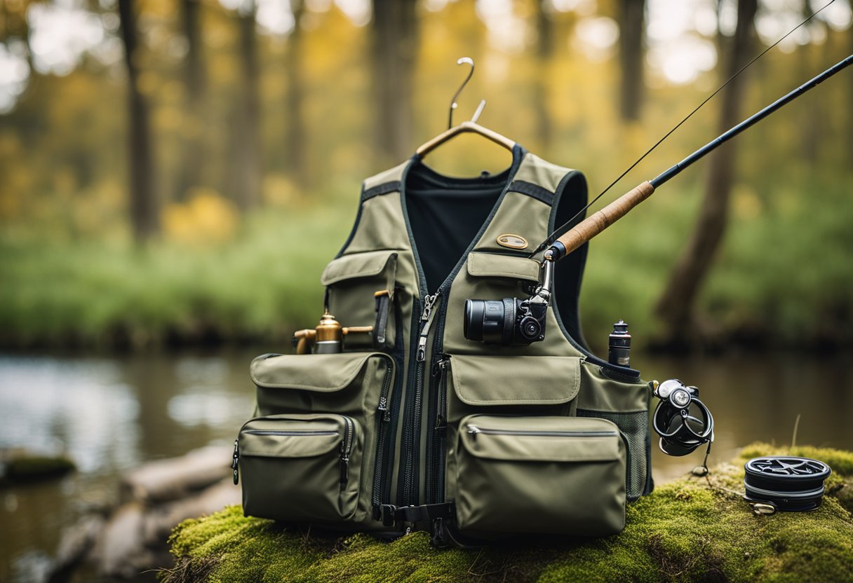 A fly fishing vest hanging from a tree branch, with a fishing rod and tackle box nearby. The vest is lightweight and waterproof, perfect for a day on the water