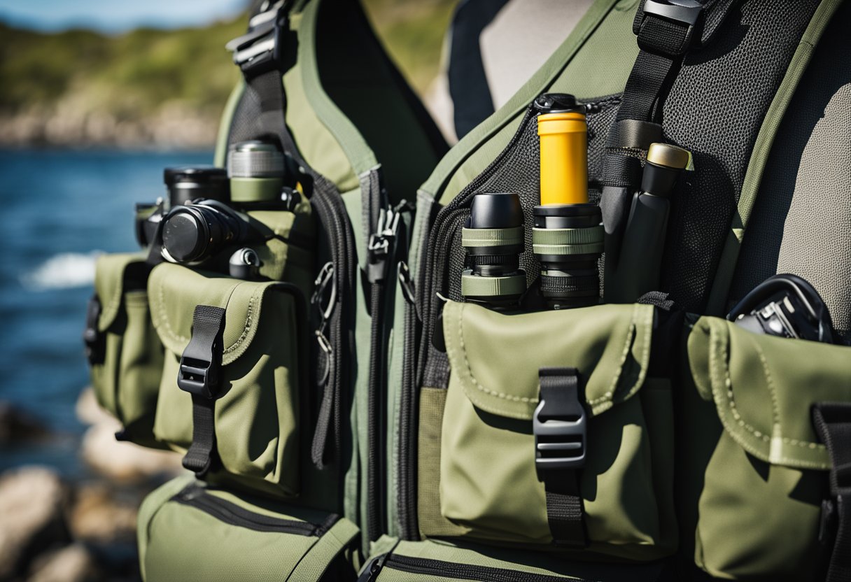 A fly fishing vest with multiple pockets, gear loops, and a mesh back for ventilation, set against a backdrop of a rugged, rocky coastline