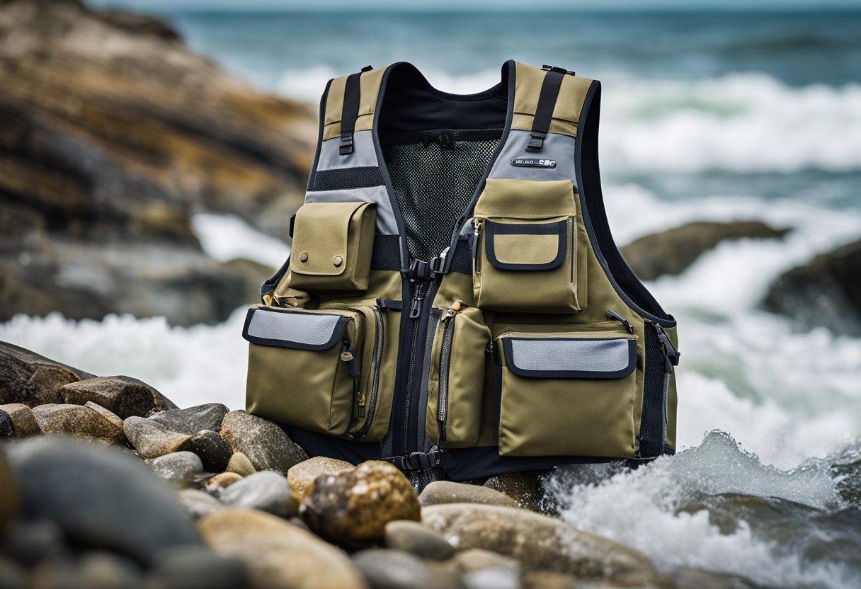 A fly fishing vest adorned with various pockets and compartments, set against a backdrop of a rugged saltwater shoreline with crashing waves