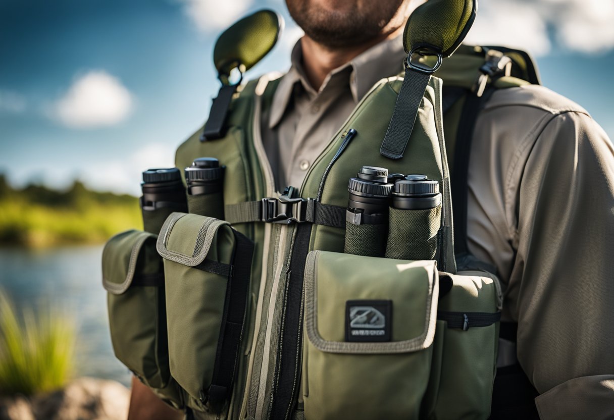 A fly fishing vest with multiple pockets and compartments, designed for saltwater, wading, and backcountry use