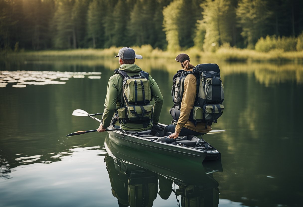 A fishing vest backpack with multiple pockets and compartments, surrounded by a tranquil lake with a kayak and a bass jumping out of the water