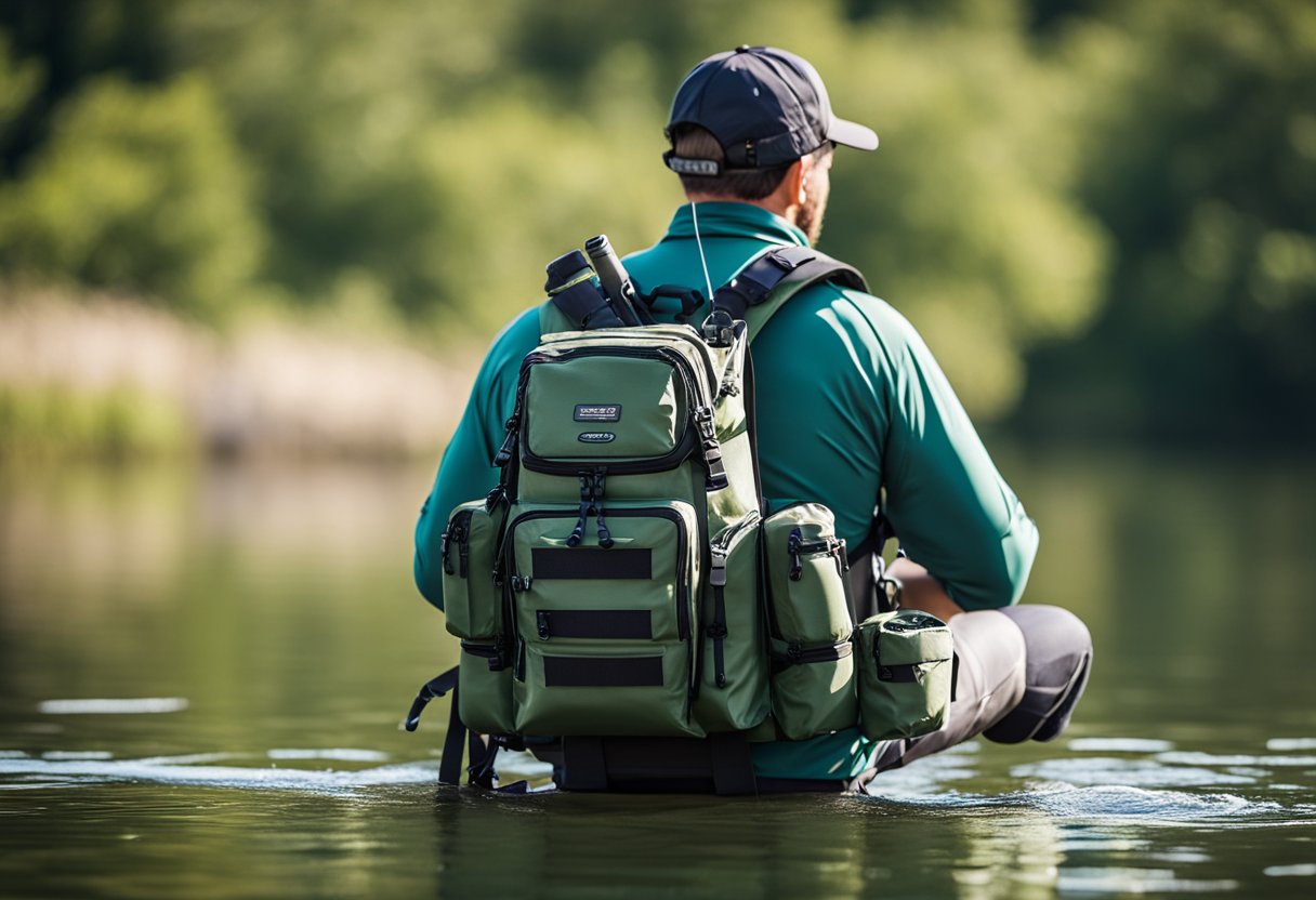 A waterproof fishing vest backpack with multiple pockets and compartments, designed for fly fishing and kayak fishing, with a focus on bass