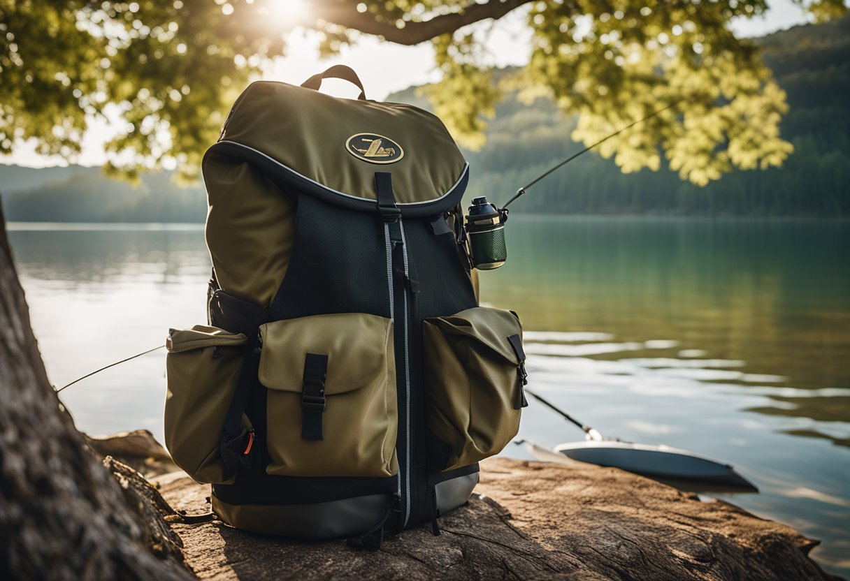 A fly fishing vest backpack hangs from a tree branch near a tranquil lake. In the background, a kayak and a bass boat float on the water