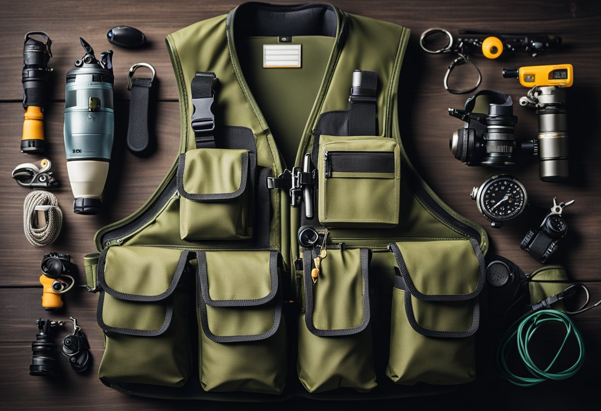 A fishing vest pack with various accessories hanging from multiple pockets