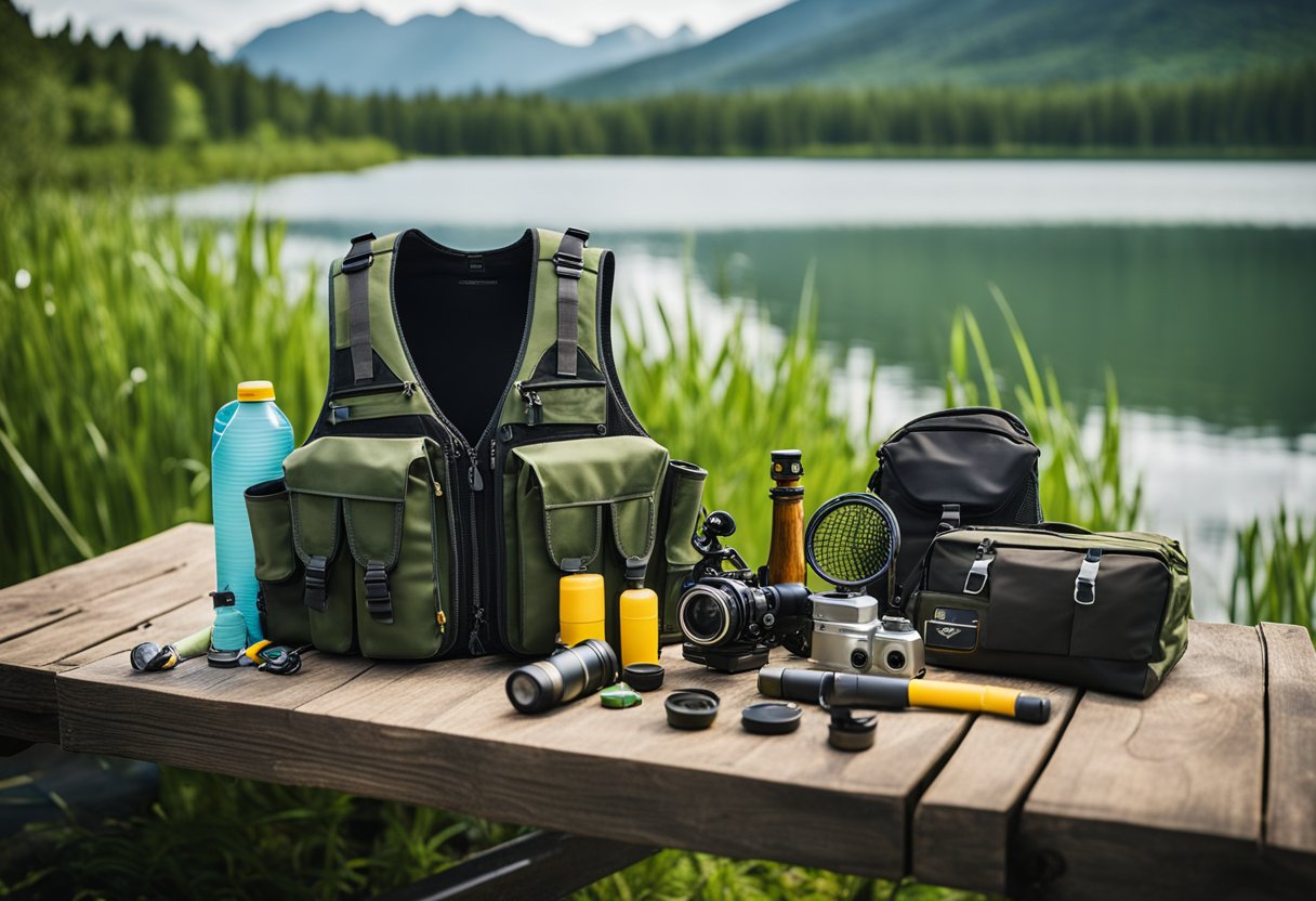 A fishing vest pack with various accessories laid out on a wooden dock next to a tranquil lake, surrounded by lush greenery and mountains in the distance