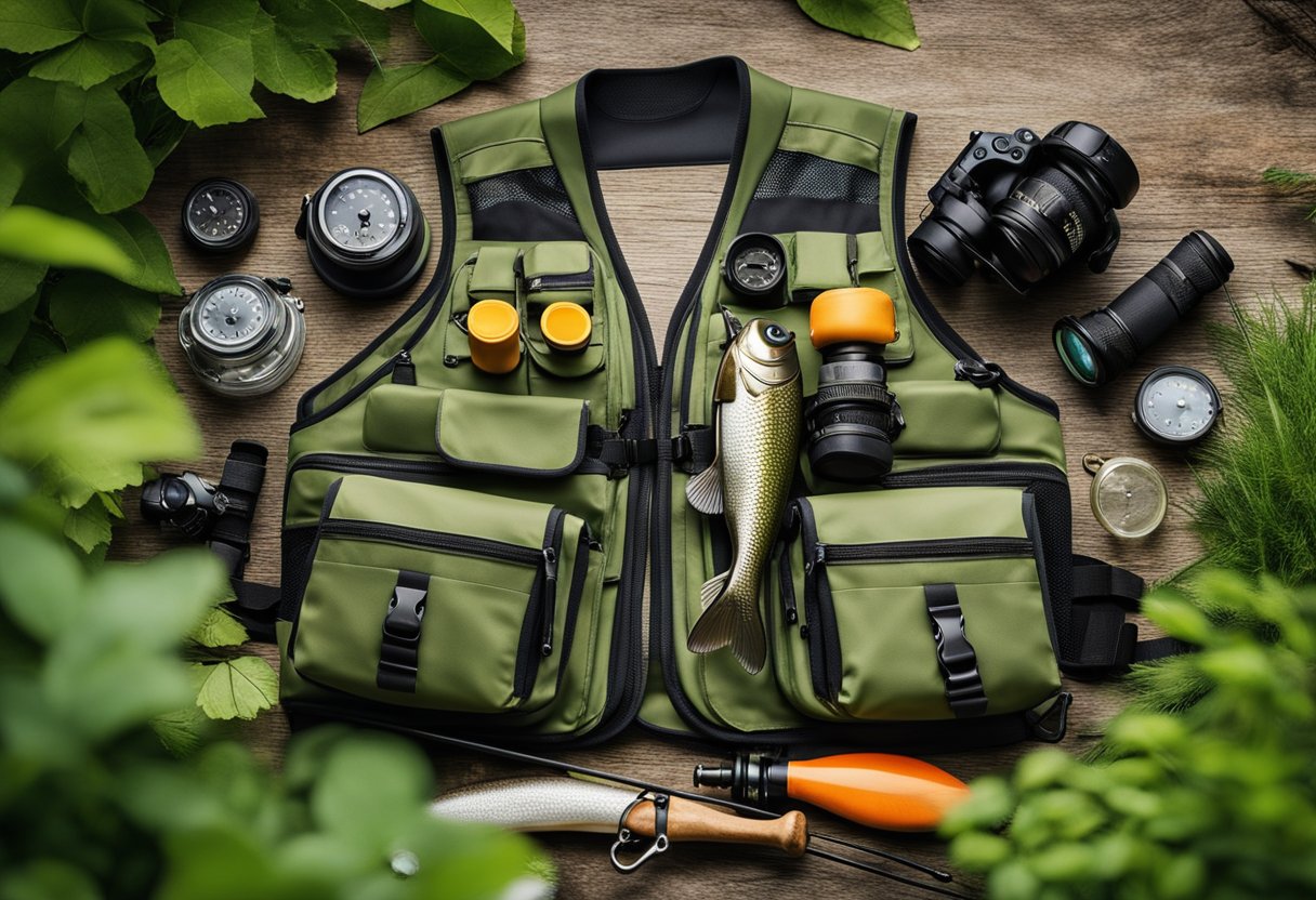 A fly fishing vest with multiple pockets and compartments, holding various fishing accessories and gear, set against a backdrop of a serene river and lush greenery