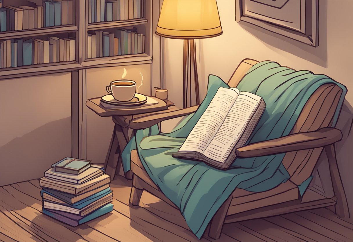 A cozy reading nook with a cup of tea, a blanket, and a stack of books next to an Amazon Kindle Unlimited e-reader