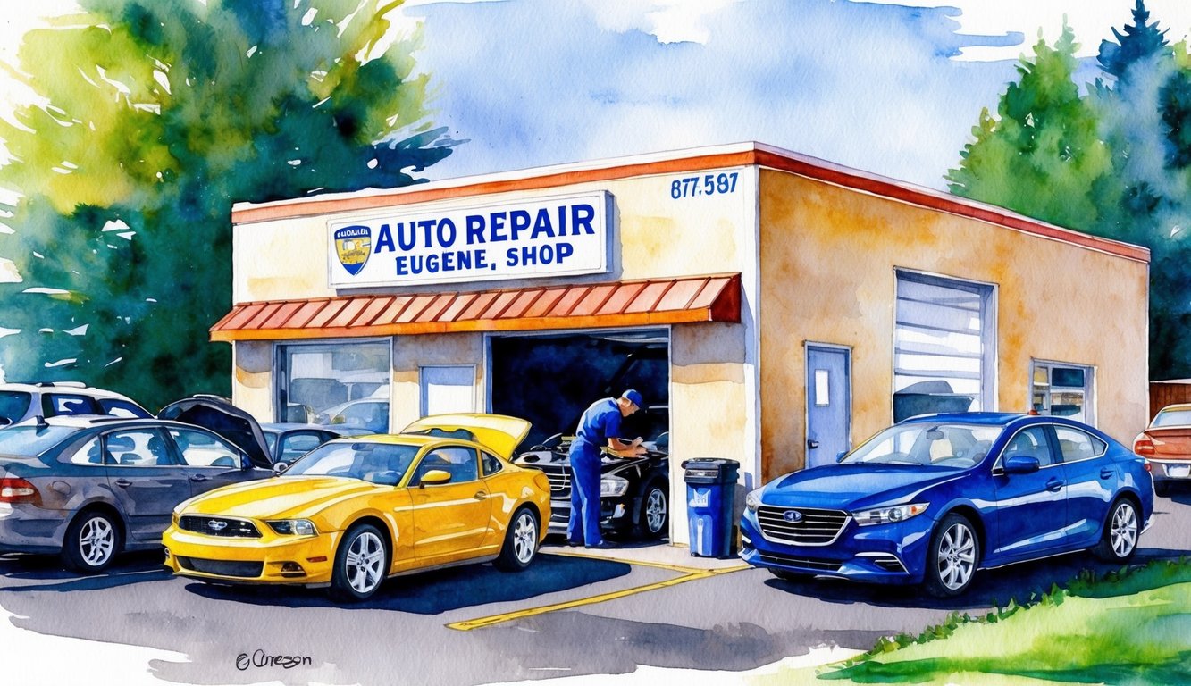 An auto repair shop in Eugene, Oregon, with cars parked outside, a mechanic working under the hood, and a sign displaying the shop's name