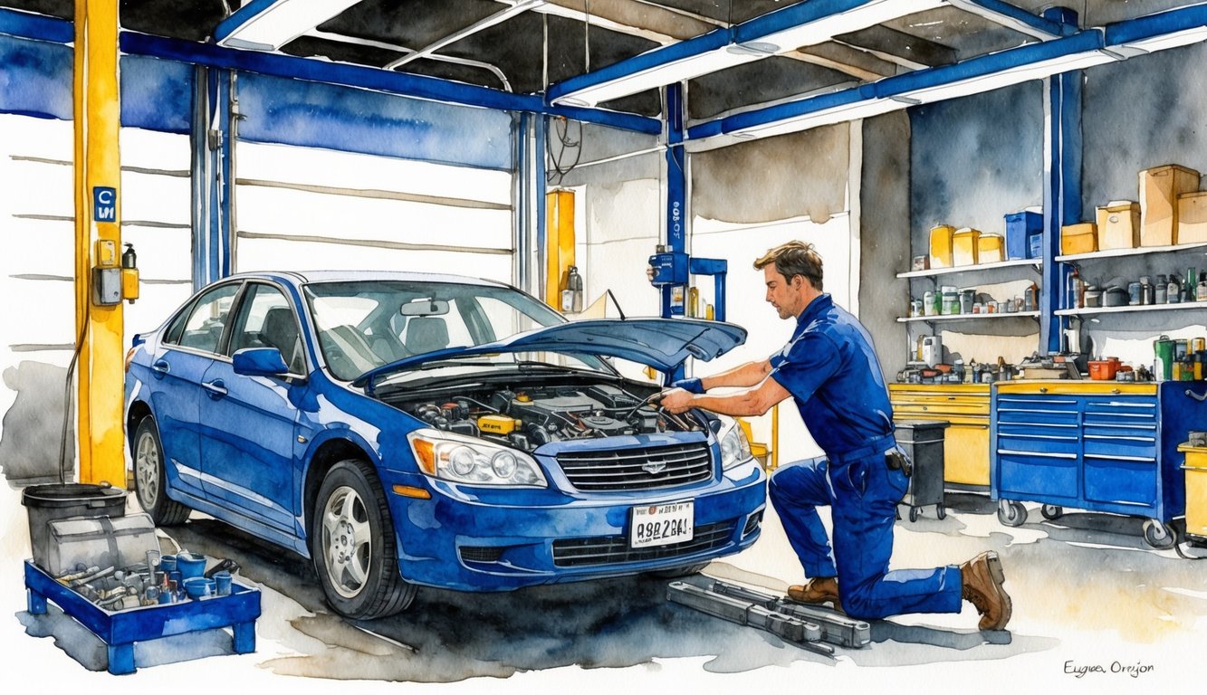 A mechanic in a well-lit auto repair shop in Eugene, Oregon, performing routine maintenance on a car, surrounded by tools and equipment