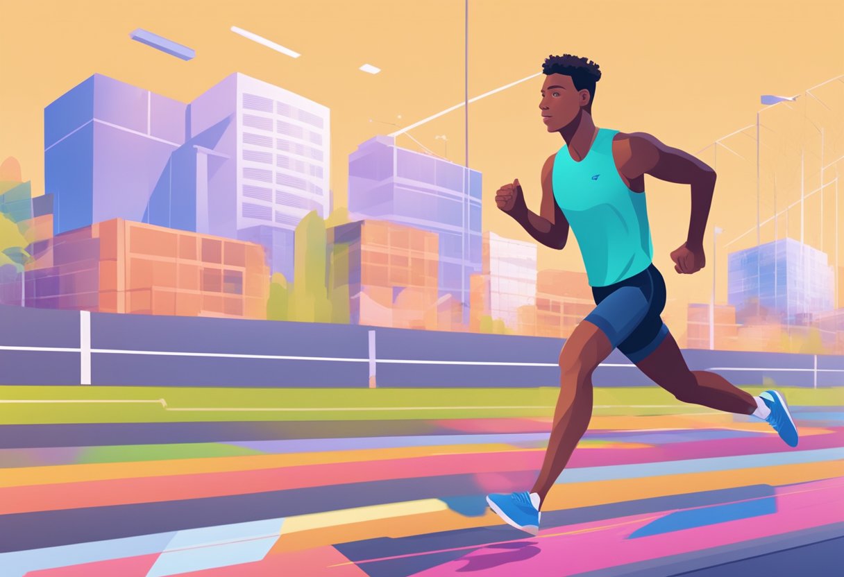 Um programa de treinamento de IA analisa dados enquanto um corredor enfrenta obstáculos em uma pista, destacando os desafios e benefícios da IA no treinamento de corrida.