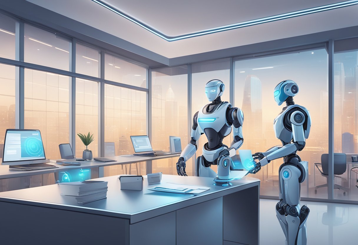 An AI robot interacts with various futuristic career tools and technologies in a sleek, modern office setting