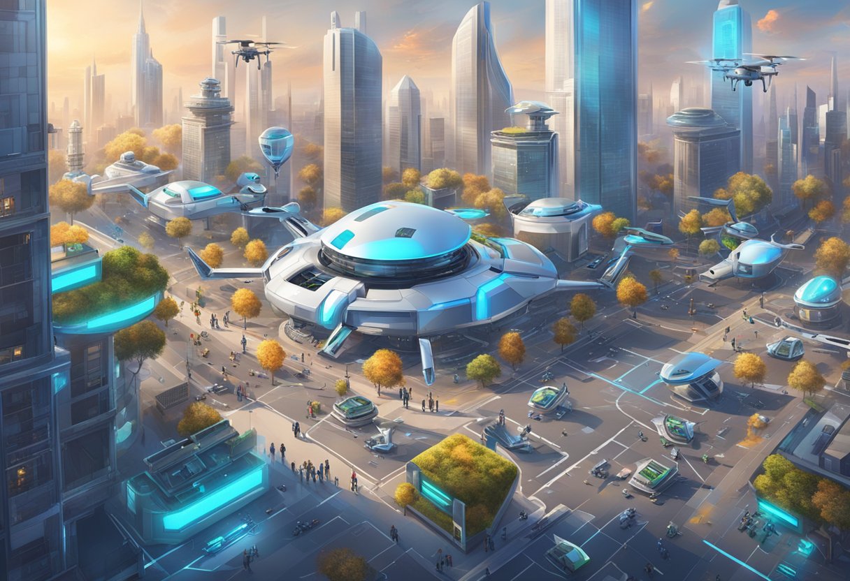 A futuristic cityscape with AI-powered drones and robots working alongside humans in various industries