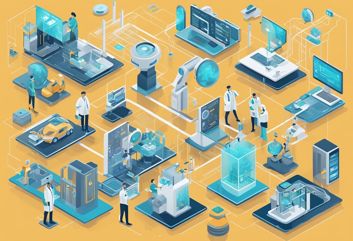 Various sectors (e.g. healthcare, finance, manufacturing) impacted by AI. Future careers depicted in a futuristic, tech-driven environment