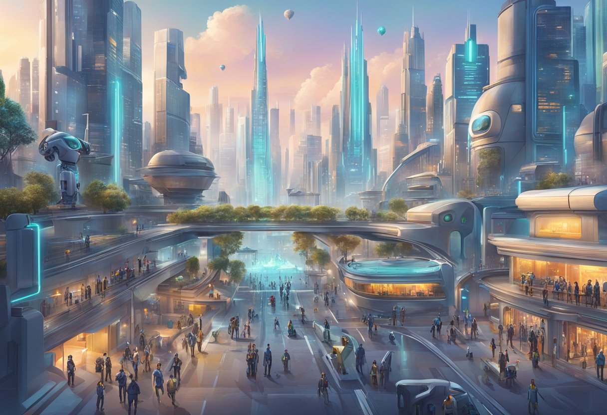 A futuristic city skyline with AI robots working alongside humans in various career settings