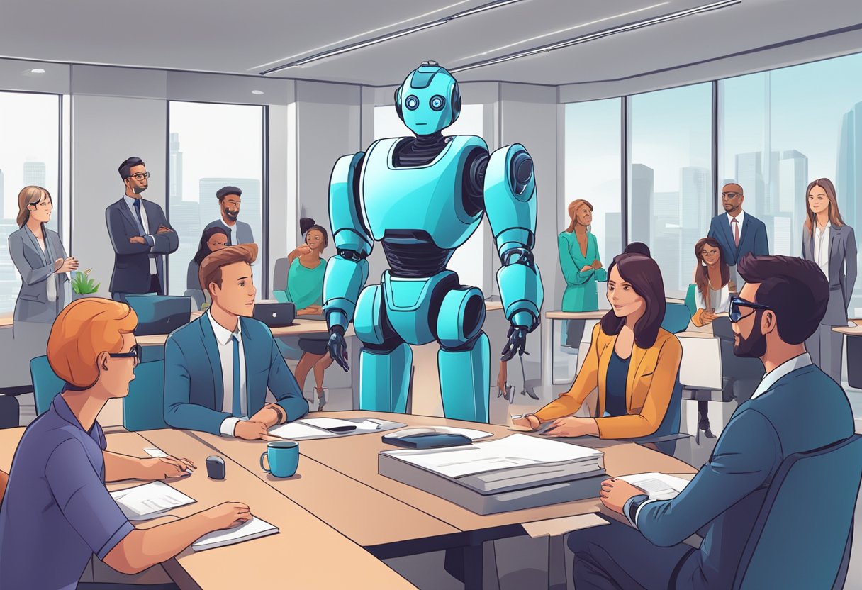 A futuristic robot AI answering questions with a group of people in a modern office setting
