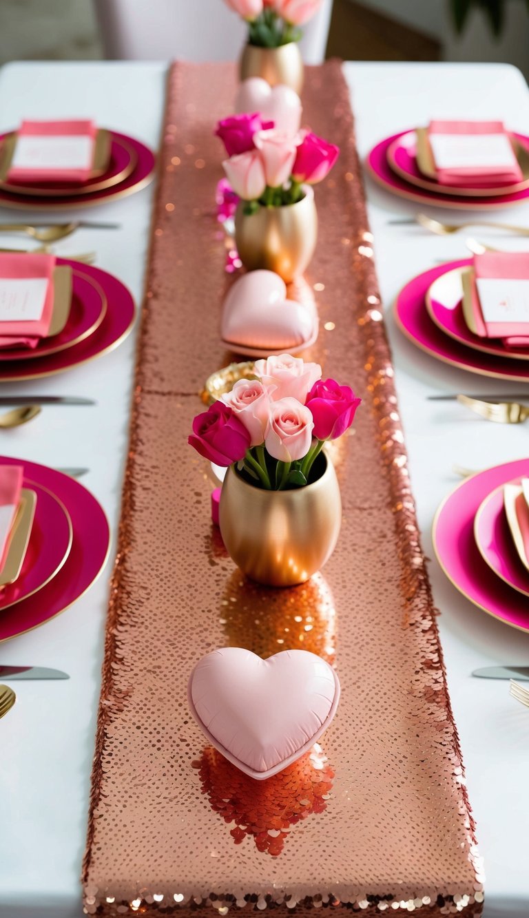 A table set for Valentine's Day with a rose gold sequin table runner and pink and gold accents