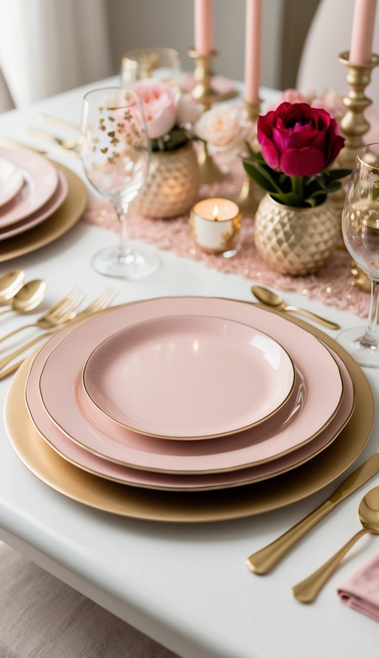 A table set with blush pink charger plates, adorned with gold accents and romantic glam decor for Valentine's Day