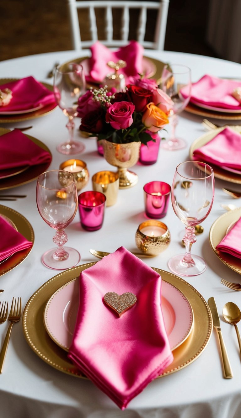 A table adorned with pink satin napkins, gold accents, and romantic glam decor for a Valentine's Day tablescape