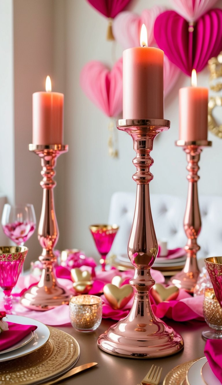 The rose gold candlesticks stand tall on a table adorned with pink and gold Valentine's Day decor, creating a romantic and glamorous ambiance
