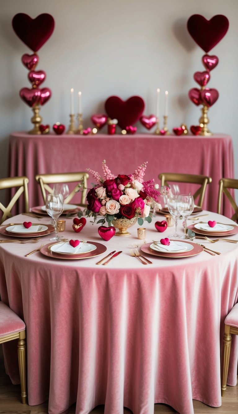 A pink velvet tablecloth adorned with romantic gold accents sets the stage for a glamorous Valentine's Day tablescape