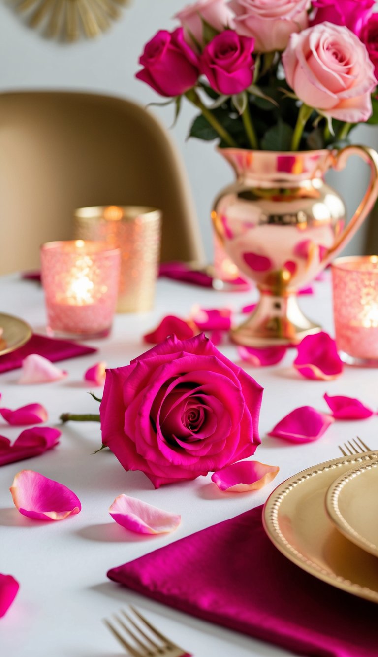 Rose petals scattered on a table with pink and gold décor, creating a romantic Valentine's Day tablescape