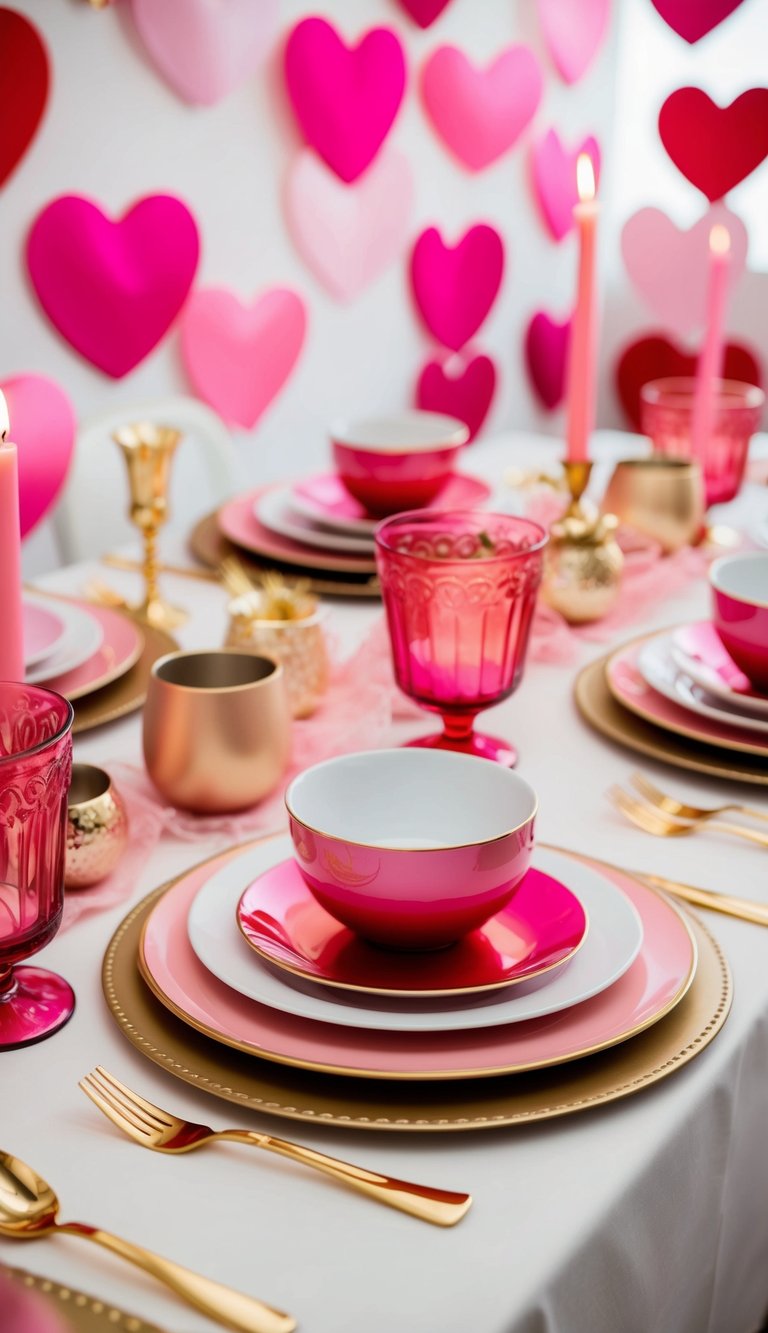 A table set with pink and gold ombre tableware, adorned with romantic glam accents for Valentine's Day