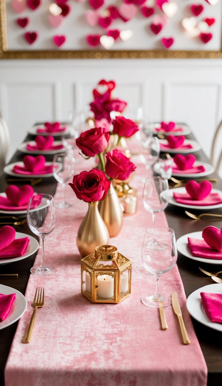 A romantic Valentine's Day tablescape with pink crushed velvet runners and glamorous gold accents
