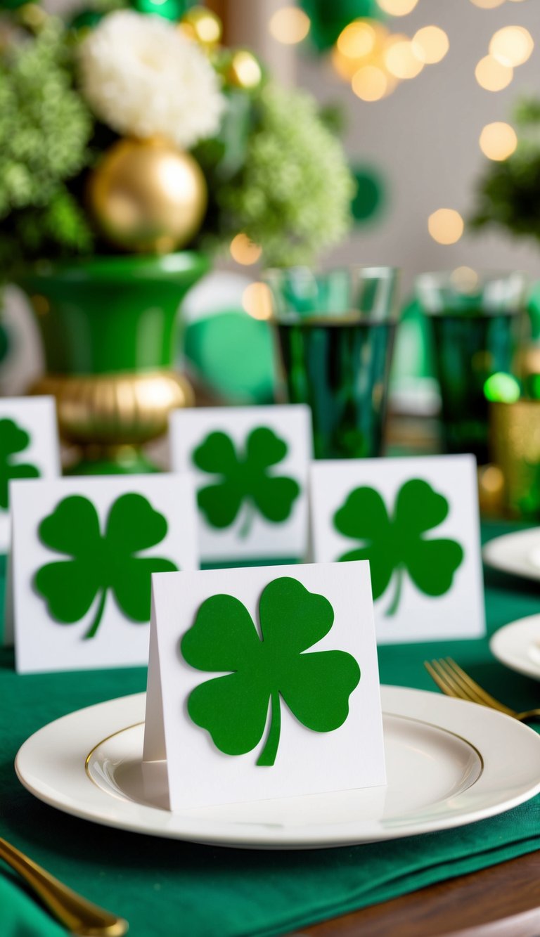 Shamrock-shaped place cards arranged on a table with green and gold St. Patrick's Day decor