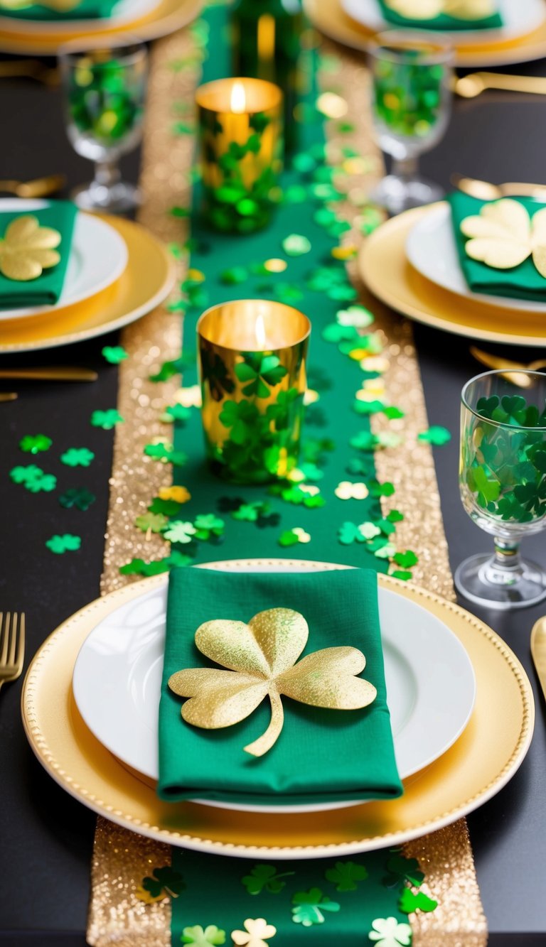 A table set with green and gold decor, adorned with four-leaf clover confetti for a St. Patrick's Day celebration