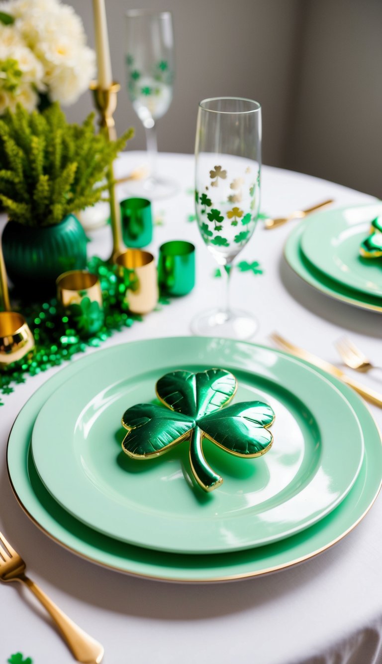 Mint green charger plates arranged with shamrock-themed St. Patrick's Day decor and gold accents