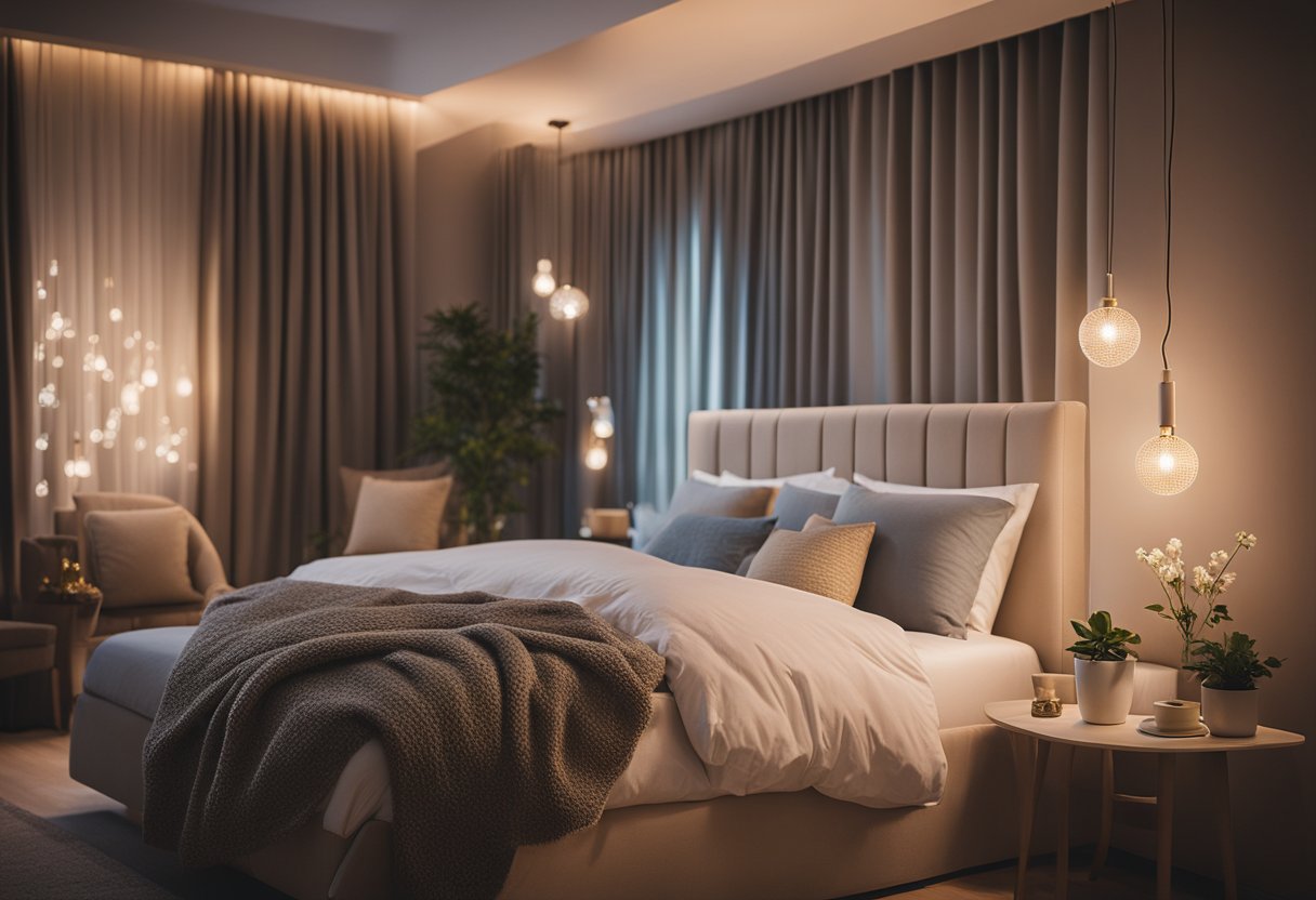 A cozy bedroom with warm, dimmable smart lighting, casting a soft glow over the room, creating a calming and relaxing atmosphere for better sleep and mood