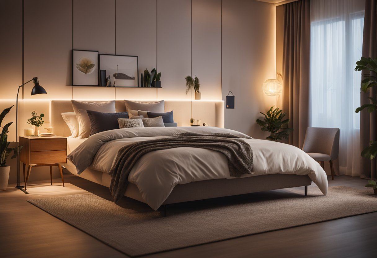 A cozy bedroom with warm, dimmable smart lights, casting a soothing glow and creating a relaxing atmosphere for better sleep and improved mood