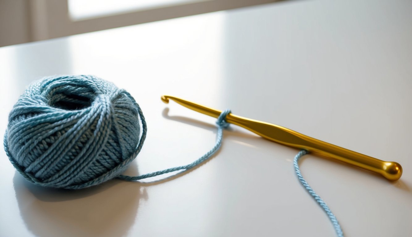 A skein of yarn, a crochet hook, and a pattern for a bobble stitch lay on a wooden table. The yarn is being pulled through loops to create the textured stitch