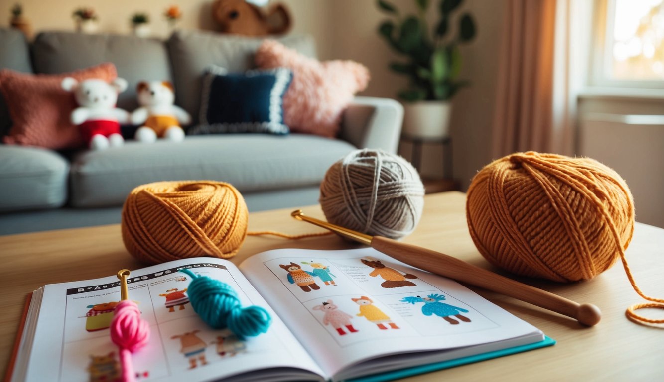 A cozy living room with a crochet hook, yarn, and a pattern book open to a page on making stuffed animals