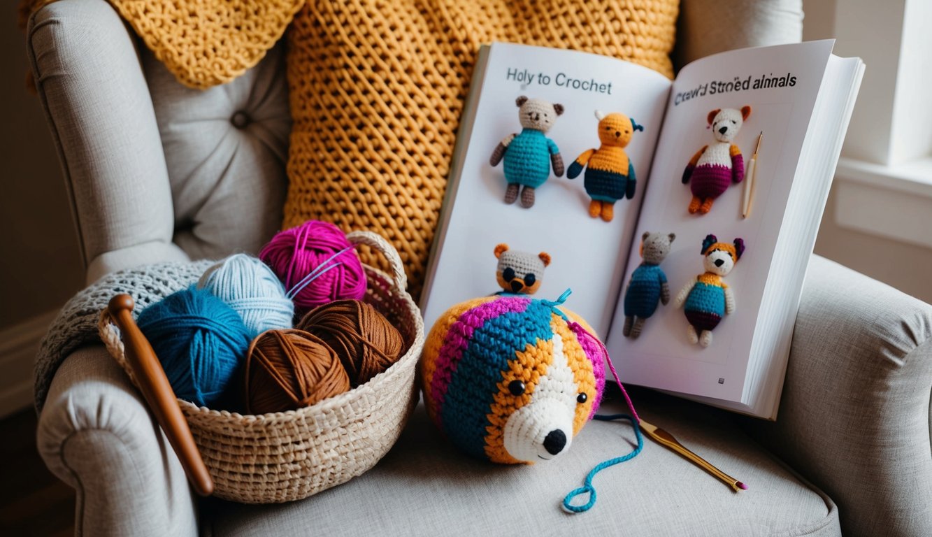 A cozy armchair with a basket of colorful yarn, a crochet hook, and a pattern book open to a page on how to crochet stuffed animals