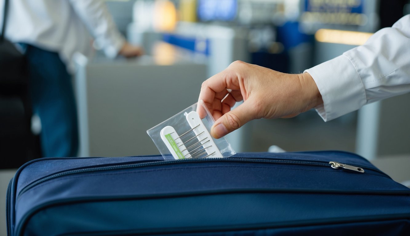 A hand reaching into a carry-on bag, pulling out a pack of sewing needles, and placing them into a clear plastic bag at airport security