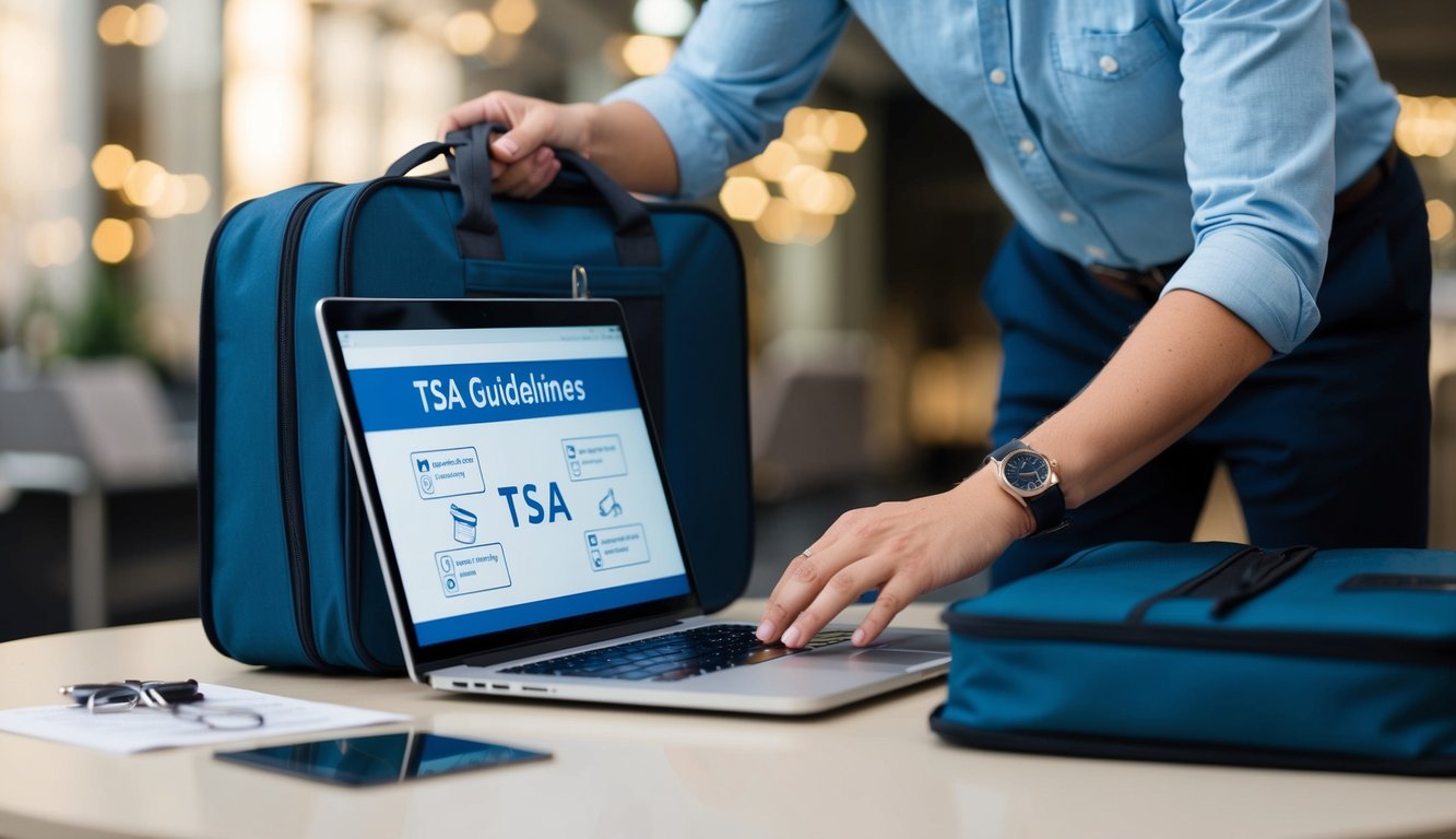 A person packing a carry-on bag with sewing needles and checking TSA guidelines on a laptop