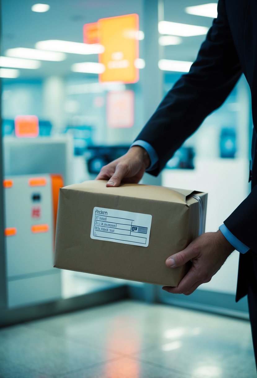A package being dropped off at a post office with a return label attached