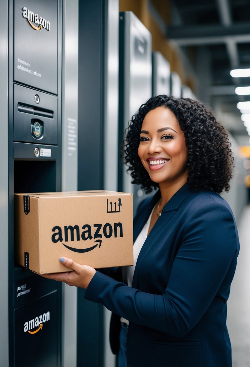 A customer happily returning a package at an Amazon locker, surrounded by a seamless process and convenient options