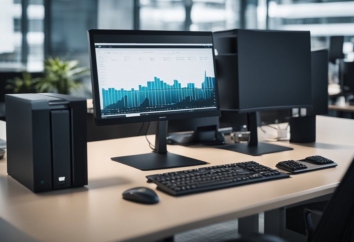 Una computadora de escritorio moderna y elegante se encuentra en un escritorio limpio y organizado en un entorno de oficina corporativa.