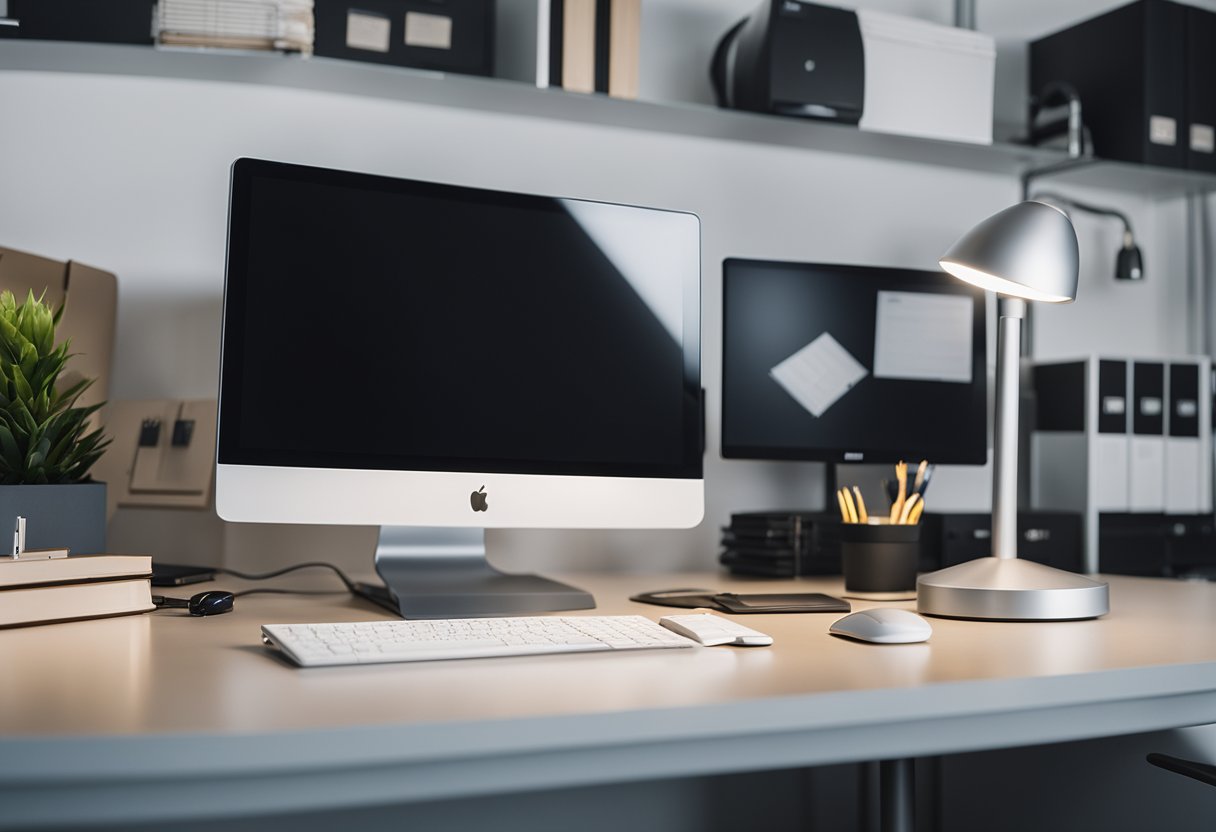 Una computadora de escritorio moderna y elegante se encuentra en un escritorio limpio y organizado en un entorno de oficina profesional. La computadora está rodeada de otros equipos y suministros de oficina.