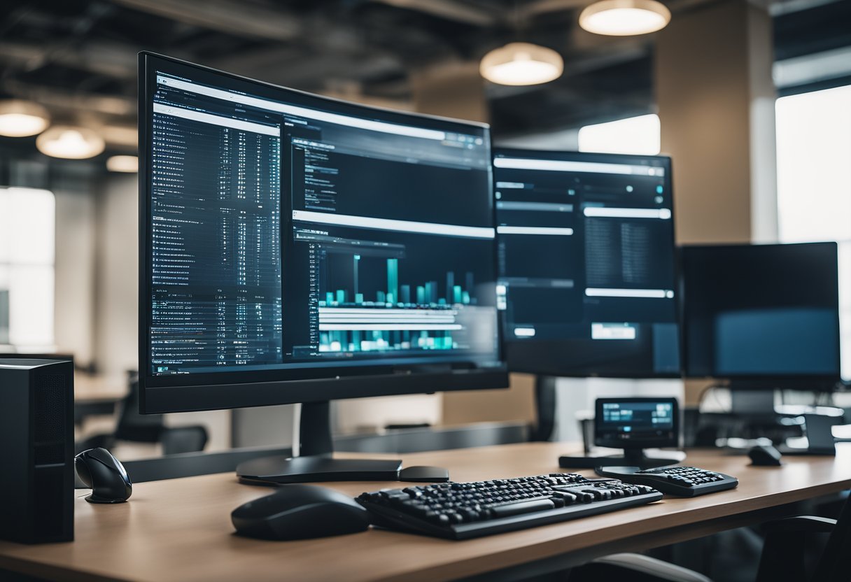 Una computadora corporativa moderna con teclado, ratón, monitor y torre de CPU en un escritorio limpio en un entorno de oficina profesional